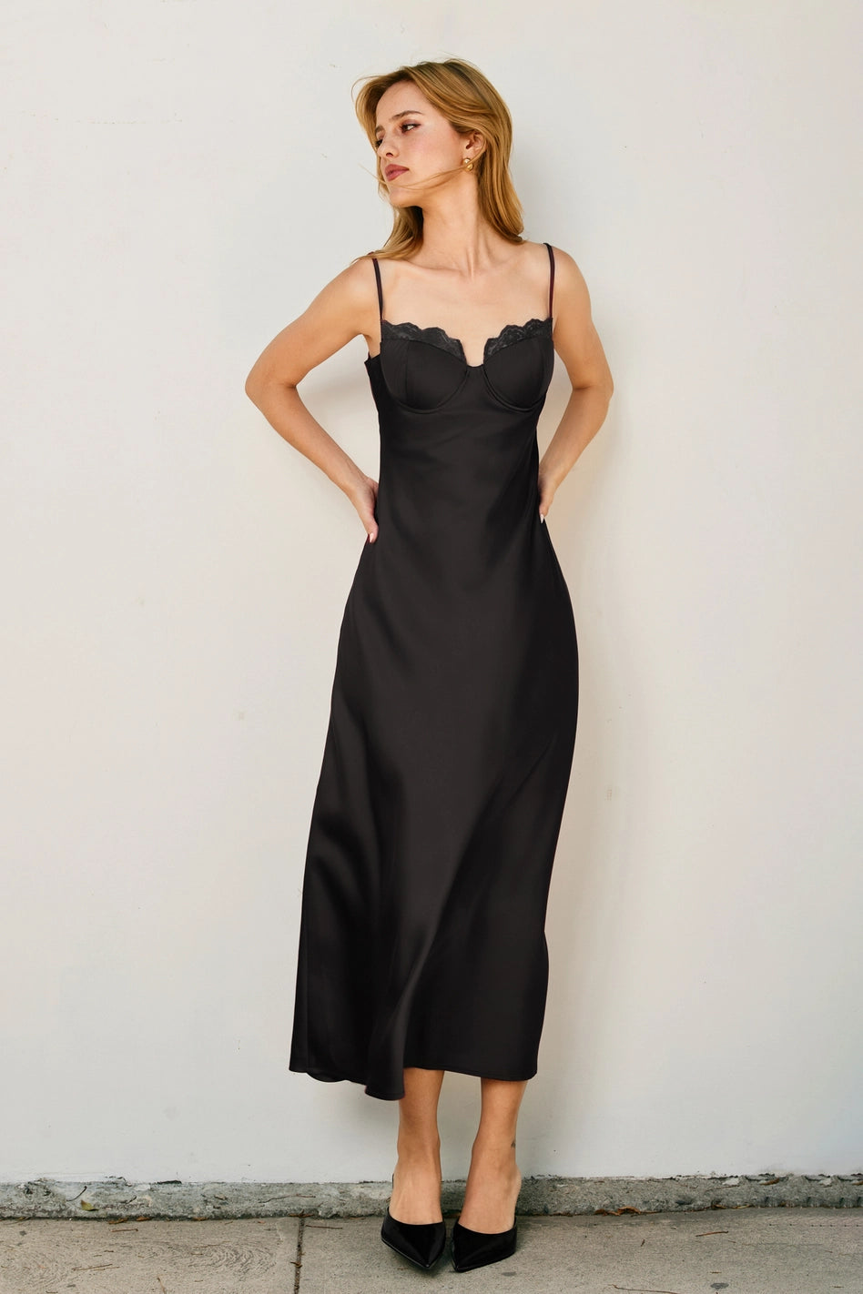 Alice - Black Satin Lace Trim Slip Midi Dress