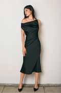 Cora Black Satin Off-Shoulder Ruched Midi Dress