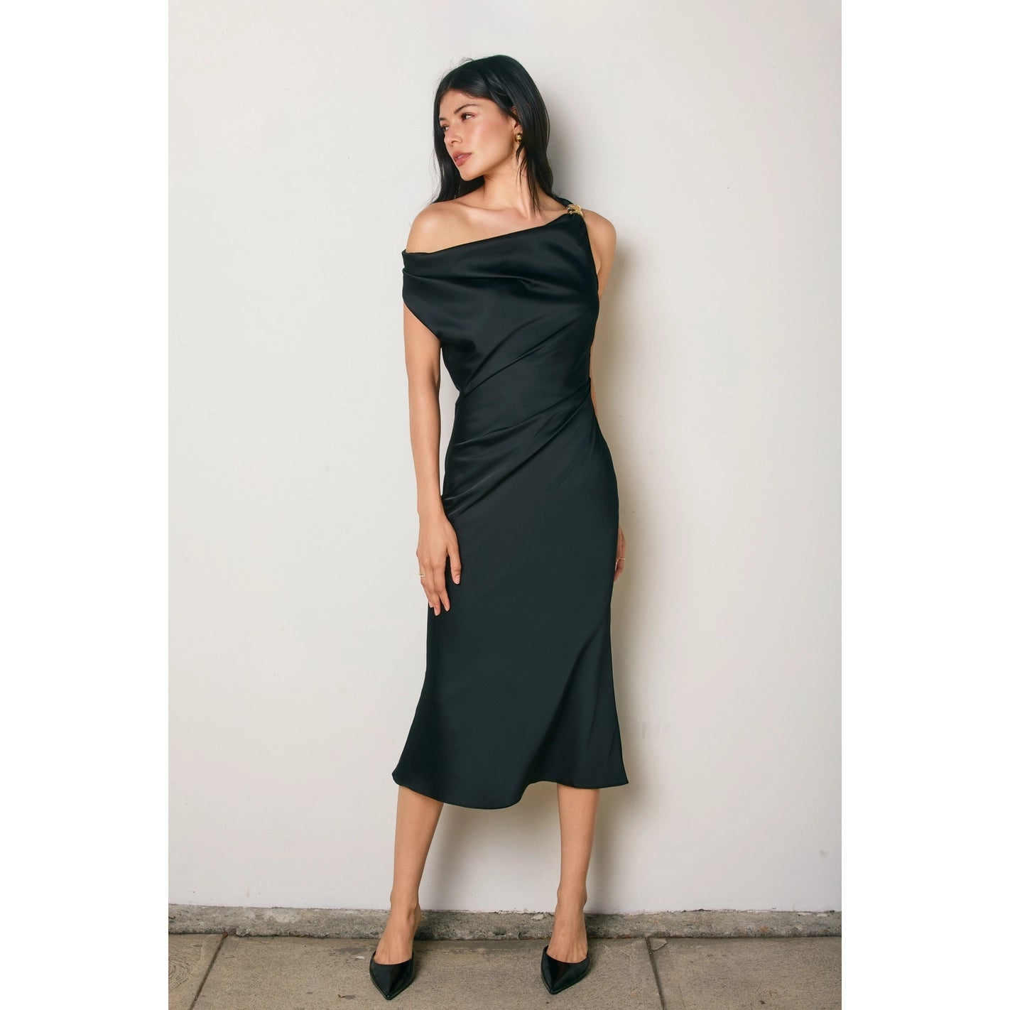 Cora - Black Satin Off-Shoulder Ruched Midi Dress