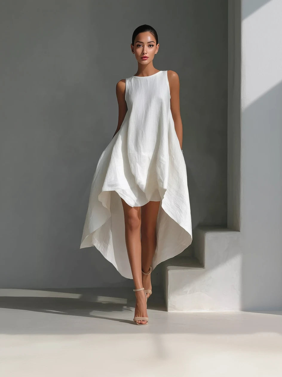 White dress worn by a model against a gray background