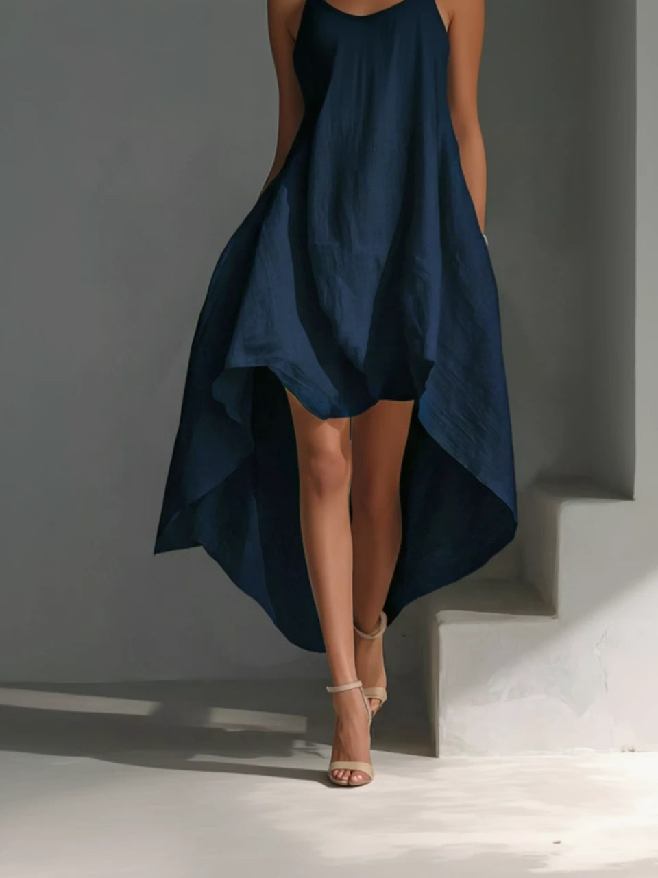Navy blue dress with a high-low hem on a gray background