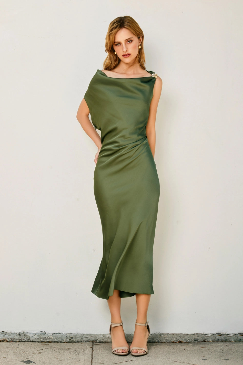Cora - Green Satin Off-Shoulder Ruched Midi Dress