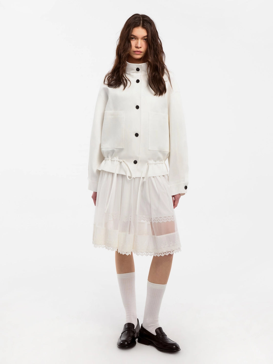 White Short Trench Coat with Drawstring Hem