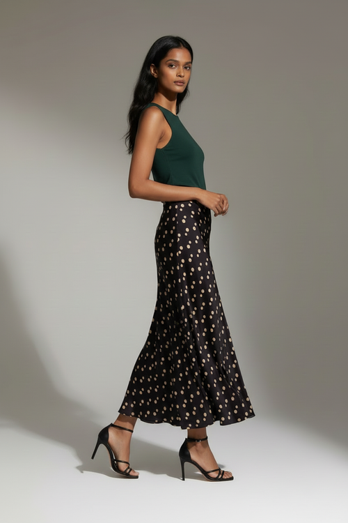 Black polka dot Milly Satin Maxi Skirt