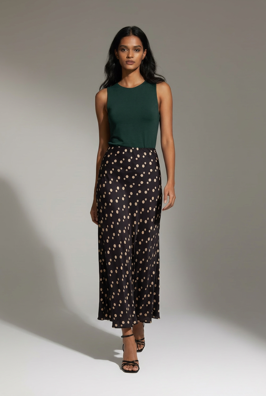 Black polka dot Milly Satin Maxi Skirt